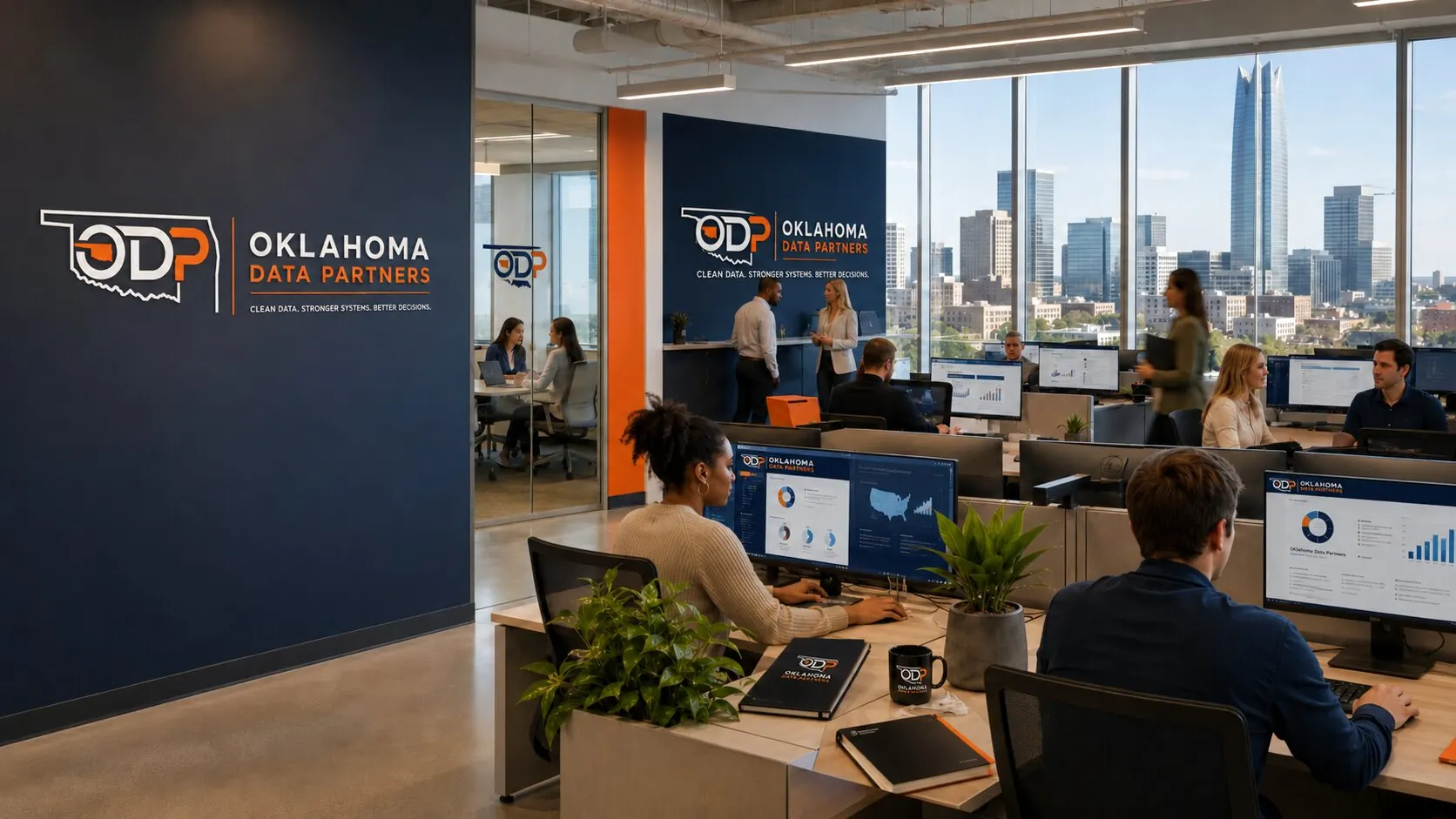 The Oklahoma Data Partners data consulting team collaborating in a modern office