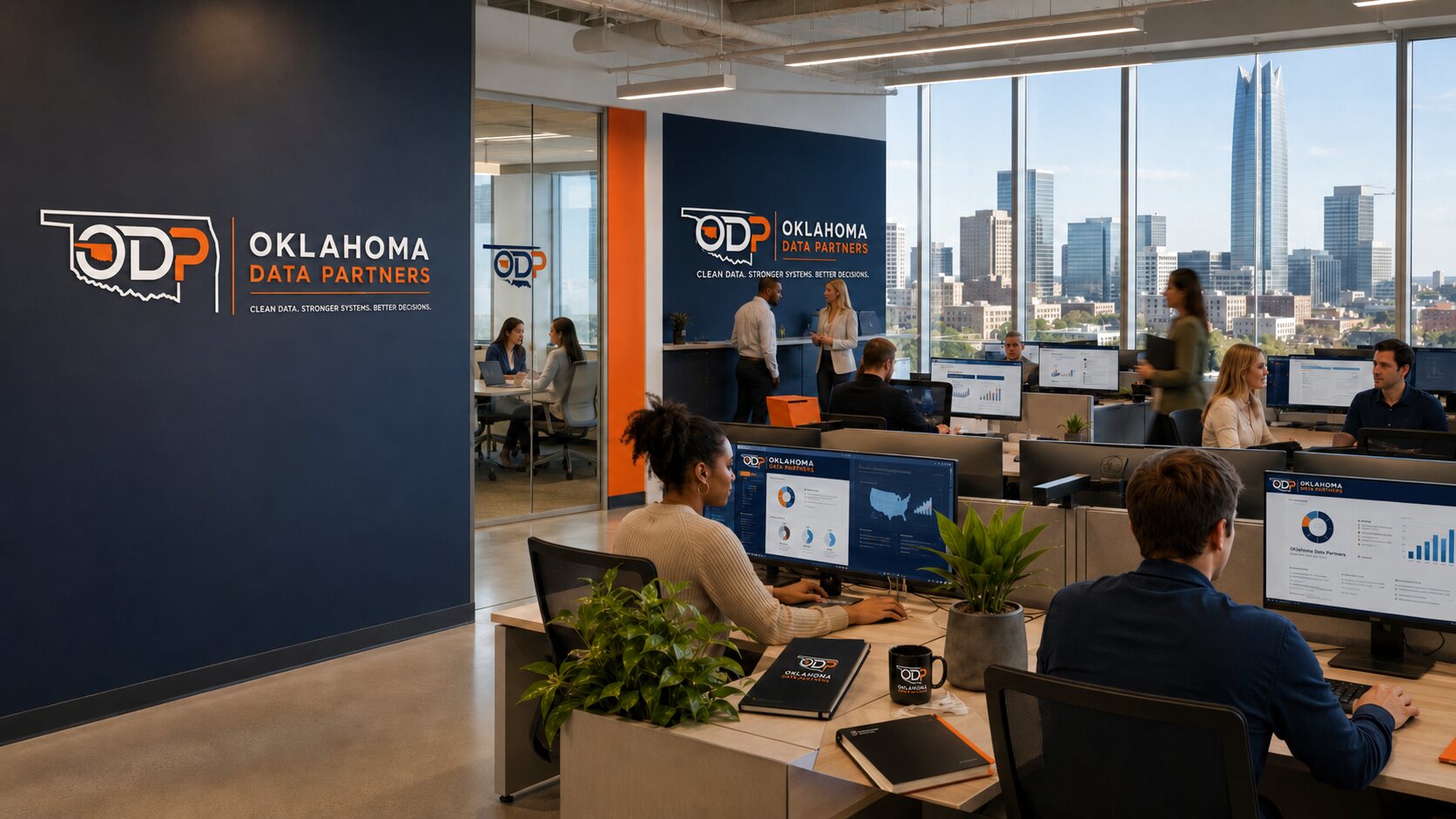 The Oklahoma Data Partners data consulting team collaborating in a modern office